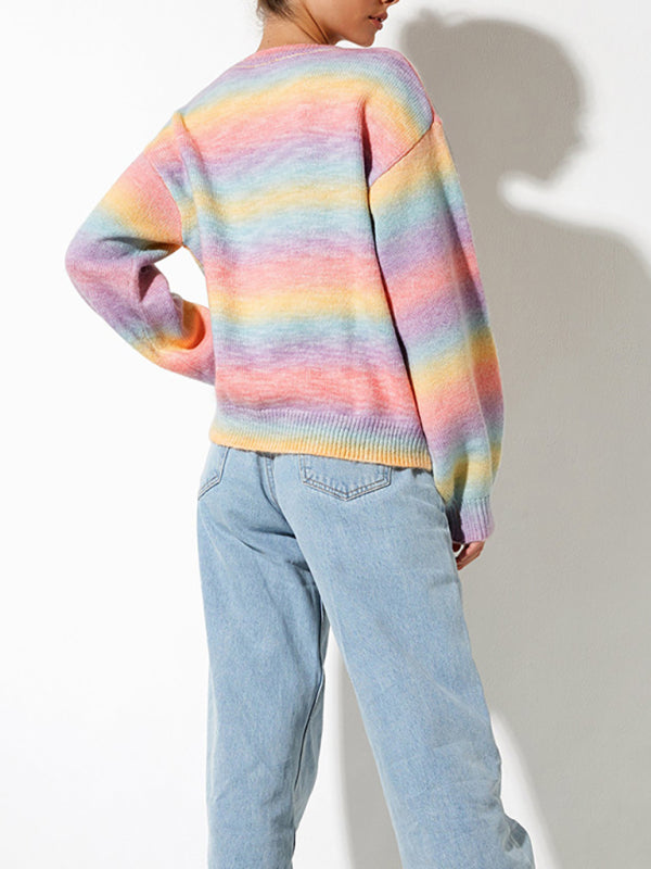 Blue Zone Planet | Striped Ombre Crew Neck Drop-Shoulder Sleeve Casual Sweater-TOPS / DRESSES-[Adult]-[Female]-2022 Online Blue Zone Planet