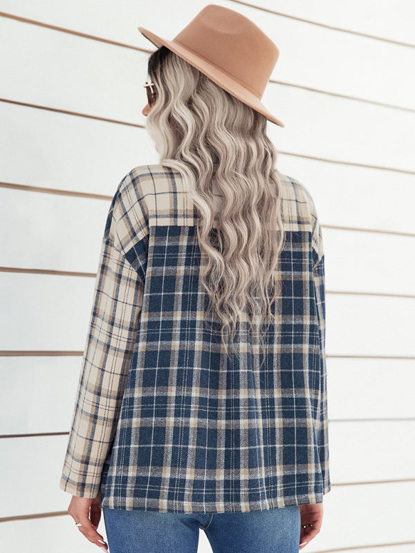 lapel plaid long sleeve loose shirt BLUE ZONE PLANET