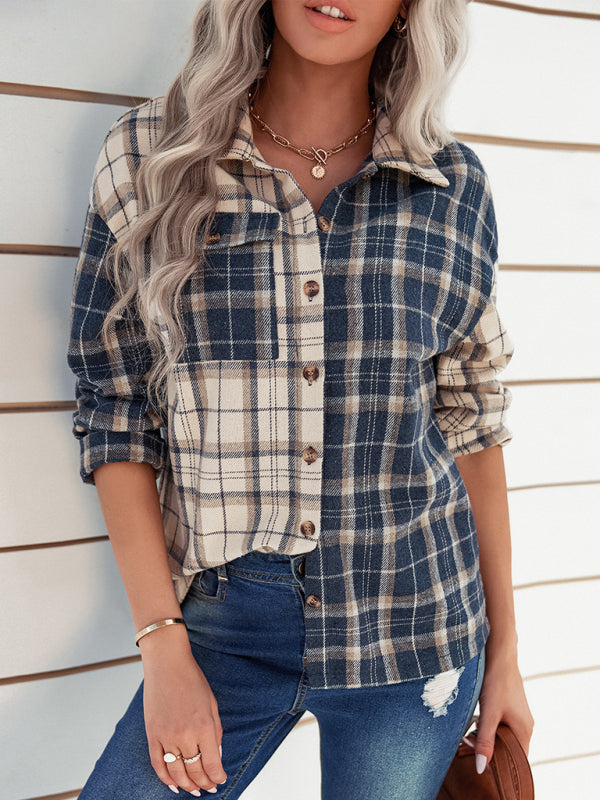 lapel plaid long sleeve loose shirt BLUE ZONE PLANET