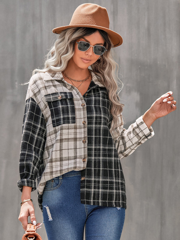 lapel plaid long sleeve loose shirt BLUE ZONE PLANET