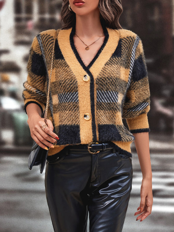 Autumn and winter new women's plaid button cardigan sweater-[Adult]-[Female]-2022 Online Blue Zone Planet