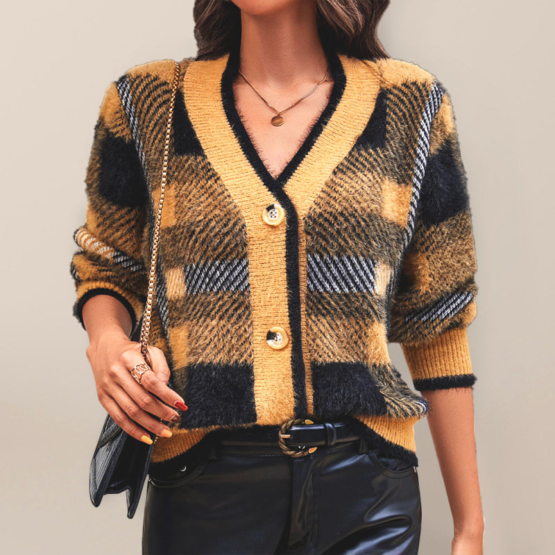 Autumn and winter new women's plaid button cardigan sweater-[Adult]-[Female]-Yellow-S-2022 Online Blue Zone Planet