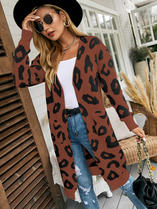 Blue Zone Planet | leopard print knitted jacket cardigan sweater-TOPS / DRESSES-[Adult]-[Female]-Coffee-S-2022 Online Blue Zone Planet
