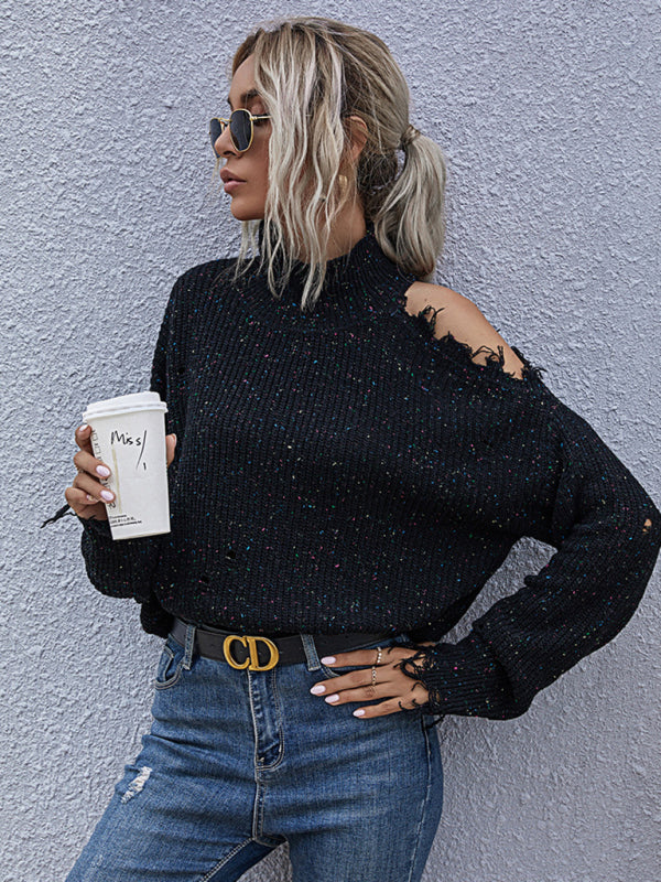 Blue Zone Planet | Loose off shoulder hole long sleeve high neck autumn knitted sweater for women-TOPS / DRESSES-[Adult]-[Female]-2022 Online Blue Zone Planet