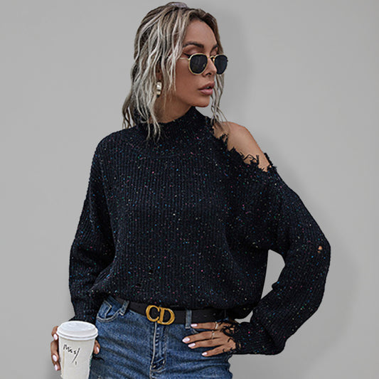 Blue Zone Planet | Loose off shoulder hole long sleeve high neck autumn knitted sweater for women-TOPS / DRESSES-[Adult]-[Female]-Black-S-2022 Online Blue Zone Planet