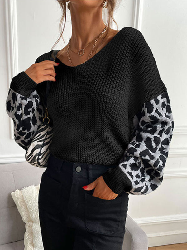 Women's thin round neck knitting pullover leopard print splicing sweater for women-[Adult]-[Female]-2022 Online Blue Zone Planet