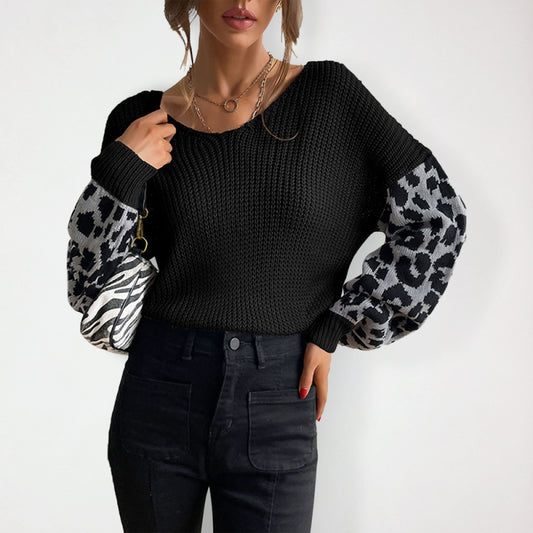 Women's thin round neck knitting pullover leopard print splicing sweater for women-[Adult]-[Female]-Black-S-2022 Online Blue Zone Planet