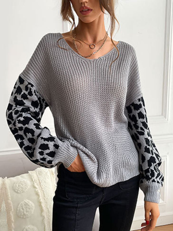 Women's thin round neck knitting pullover leopard print splicing sweater for women-[Adult]-[Female]-2022 Online Blue Zone Planet