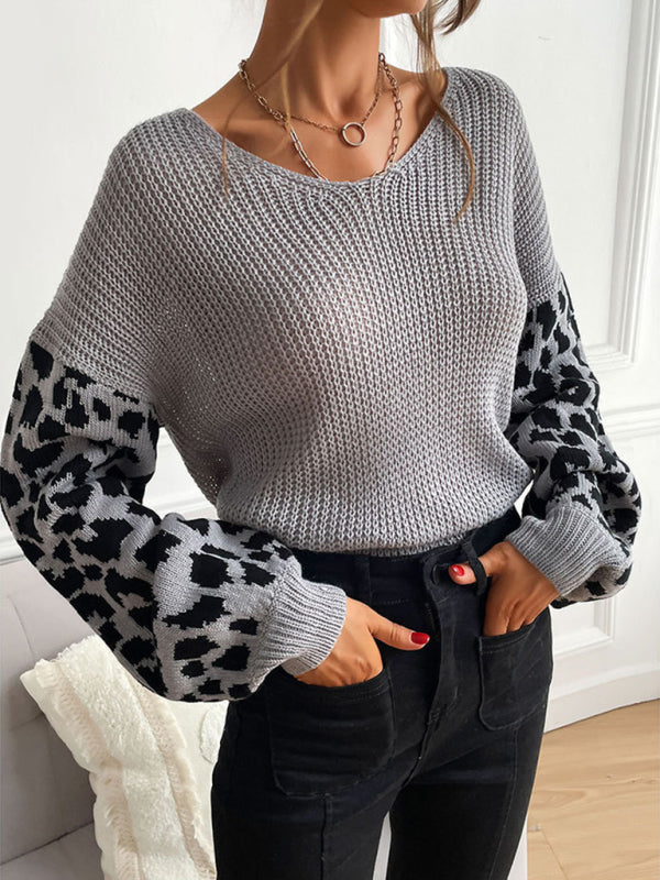 Women's thin round neck knitting pullover leopard print splicing sweater for women-[Adult]-[Female]-2022 Online Blue Zone Planet