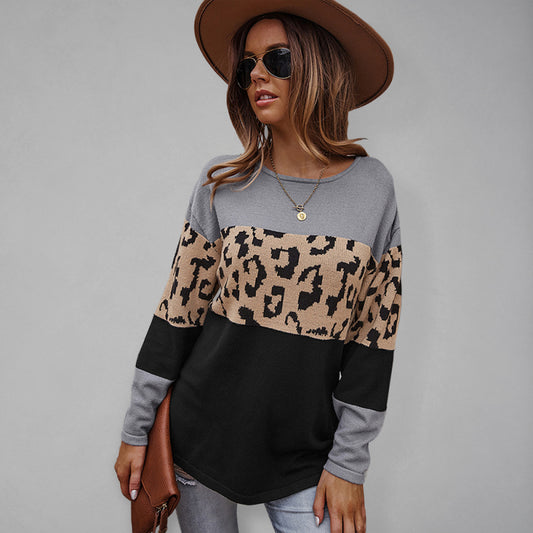 Blue Zone Planet | leopard print stitching sweater long sleeve soft warm top BLUE ZONE PLANET