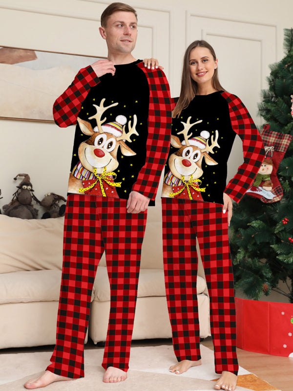 Cartoon deer plaid Christmas parent-child printed housewear pajamas-[Adult]-[Female]-2022 Online Blue Zone Planet