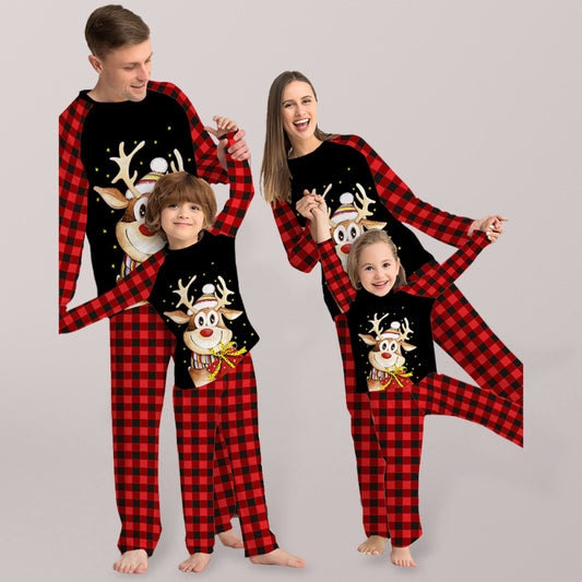 Cartoon deer plaid Christmas parent-child printed housewear pajamas-[Adult]-[Female]-Red Christmas Print 1-S-2022 Online Blue Zone Planet