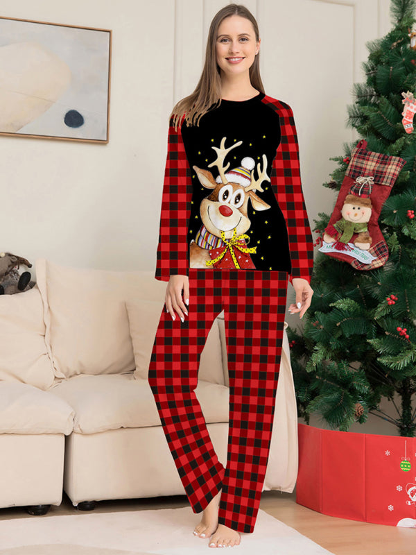 Cartoon deer plaid Christmas parent-child printed housewear pajamas-[Adult]-[Female]-2022 Online Blue Zone Planet