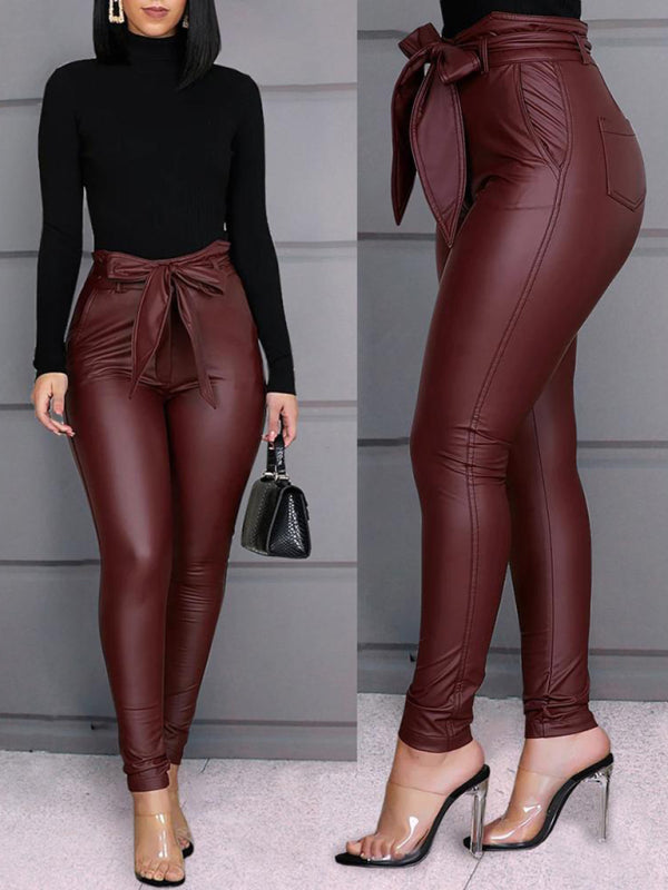 Ladies Fashion PU Pants Leather Pants (with Belt)-[Adult]-[Female]-2022 Online Blue Zone Planet