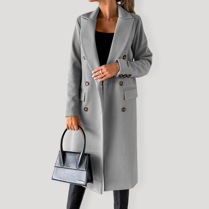 Blue Zone Planet | New mid-length elegant women's solid color long-sleeved double-breasted pockets-[Adult]-[Female]-Grey-S-2022 Online Blue Zone Planet