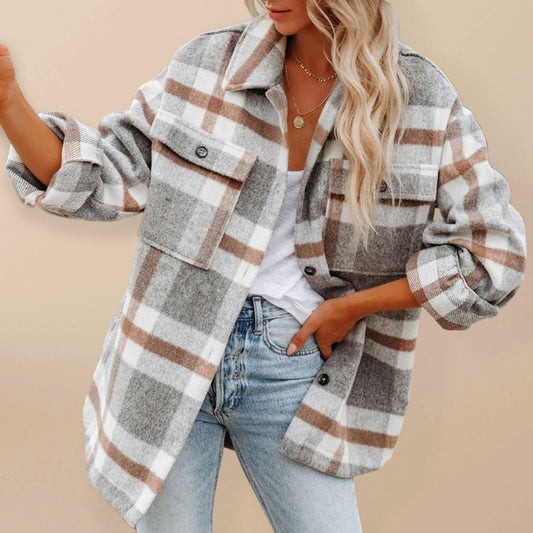 Autumn and winter autumn and winter long-sleeved lapel loose plaid woolen coat BLUE ZONE PLANET