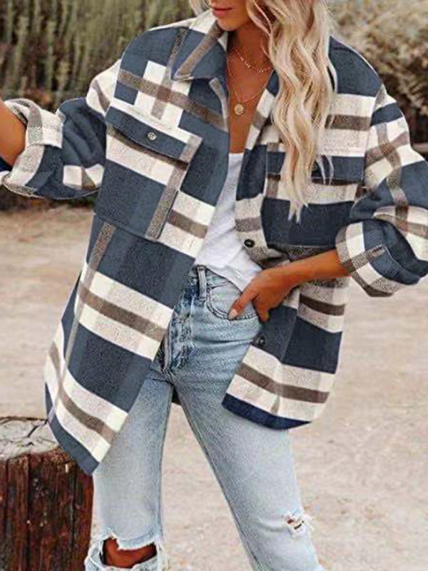 Autumn and winter autumn and winter long-sleeved lapel loose plaid woolen coat BLUE ZONE PLANET