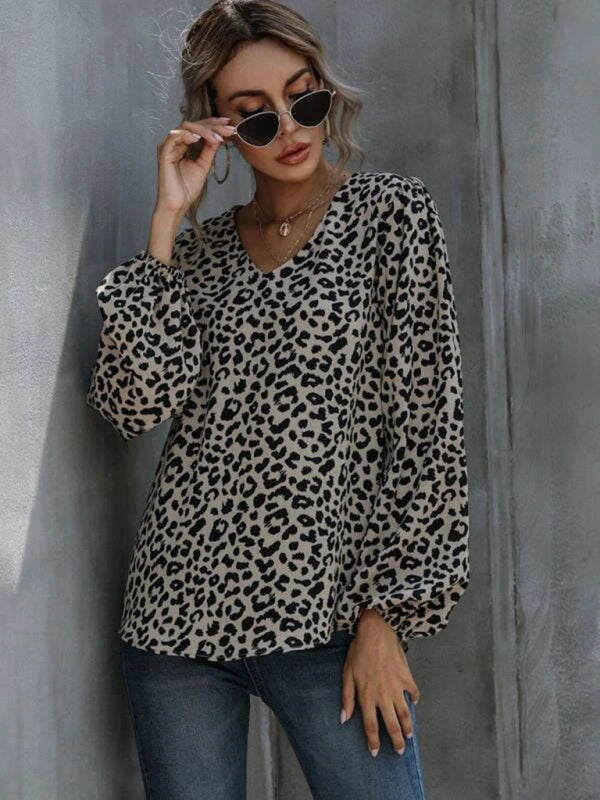 Puff Sleeve Leopard V-Neck Loose Long-sleeved Top-[Adult]-[Female]-2022 Online Blue Zone Planet