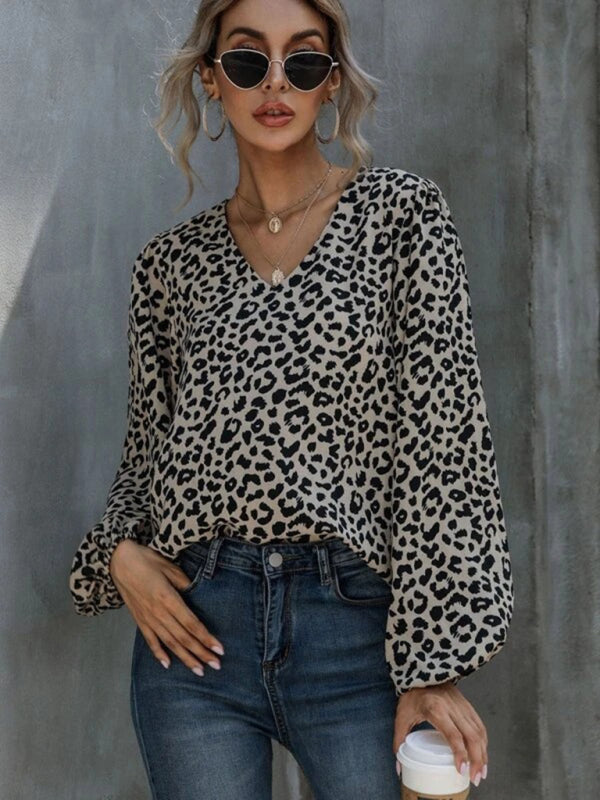 Puff Sleeve Leopard V-Neck Loose Long-sleeved Top-[Adult]-[Female]-2022 Online Blue Zone Planet