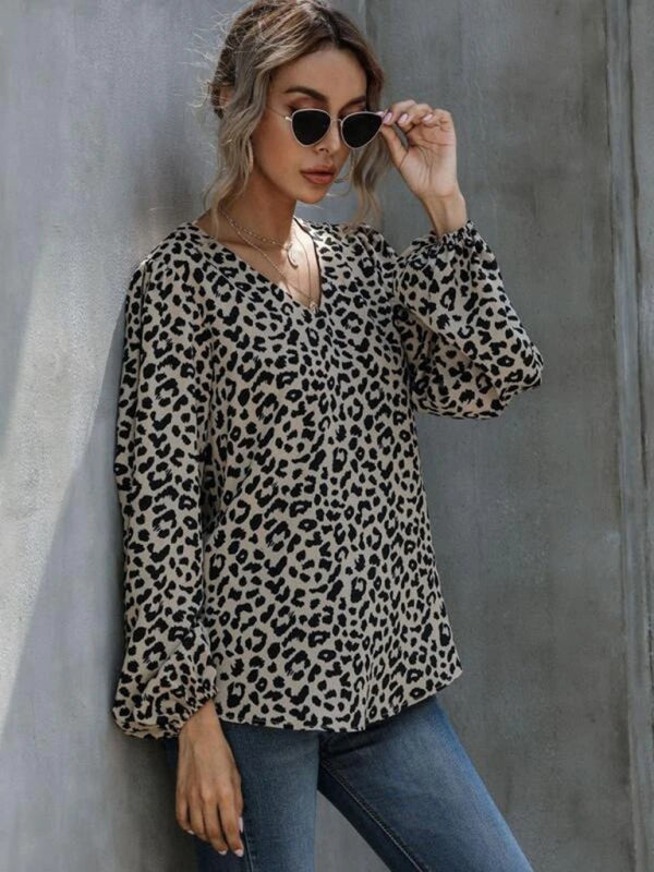 Puff Sleeve Leopard V-Neck Loose Long-sleeved Top-[Adult]-[Female]-2022 Online Blue Zone Planet