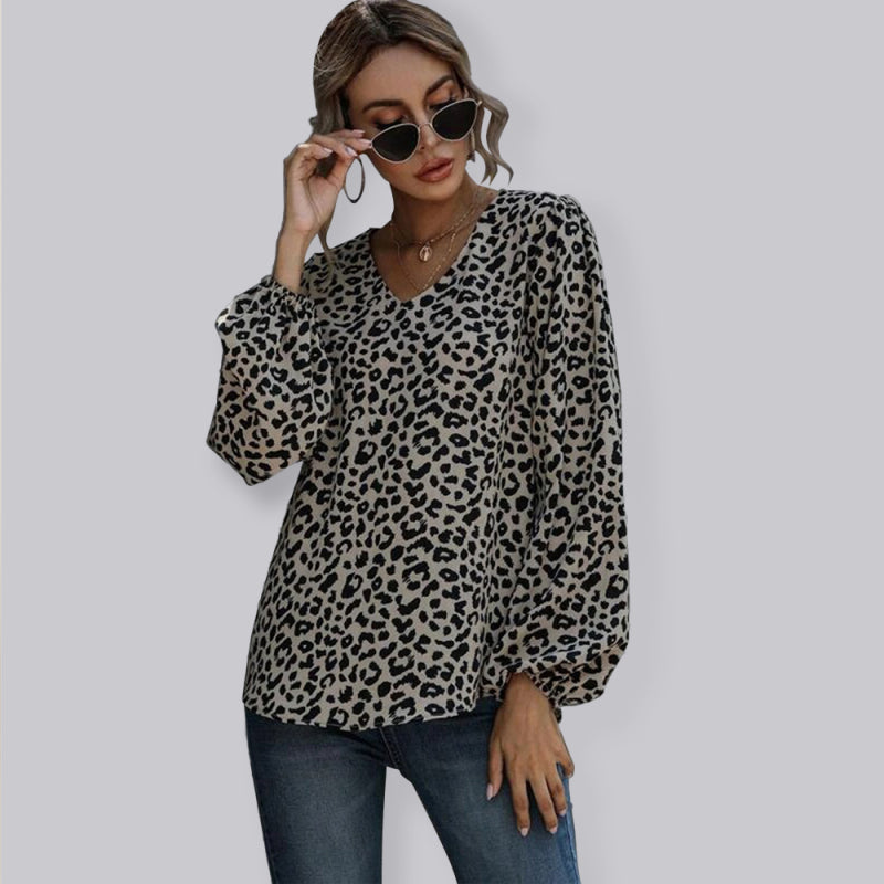 Puff Sleeve Leopard V-Neck Loose Long-sleeved Top-[Adult]-[Female]-Printing 1-S-2022 Online Blue Zone Planet