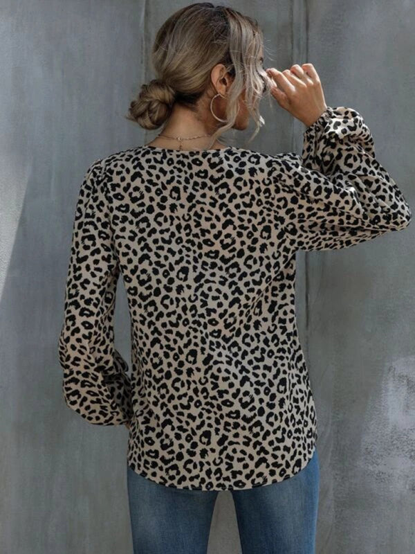 Puff Sleeve Leopard V-Neck Loose Long-sleeved Top-[Adult]-[Female]-2022 Online Blue Zone Planet