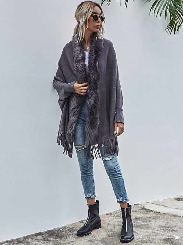 autumn winter fur fur collar shawl cardigan wool coat BLUE ZONE PLANET