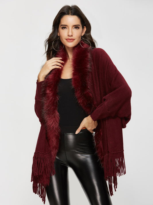 autumn winter fur fur collar shawl cardigan wool coat BLUE ZONE PLANET