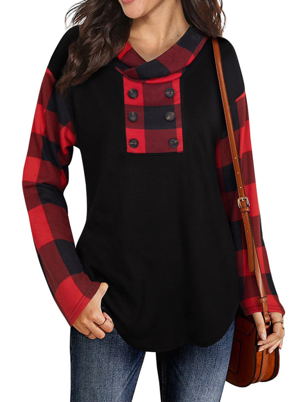 Blue Zone Planet | New stitching long-sleeved printed plaid hooded sweater T-shirt for women-TOPS / DRESSES-[Adult]-[Female]-2022 Online Blue Zone Planet