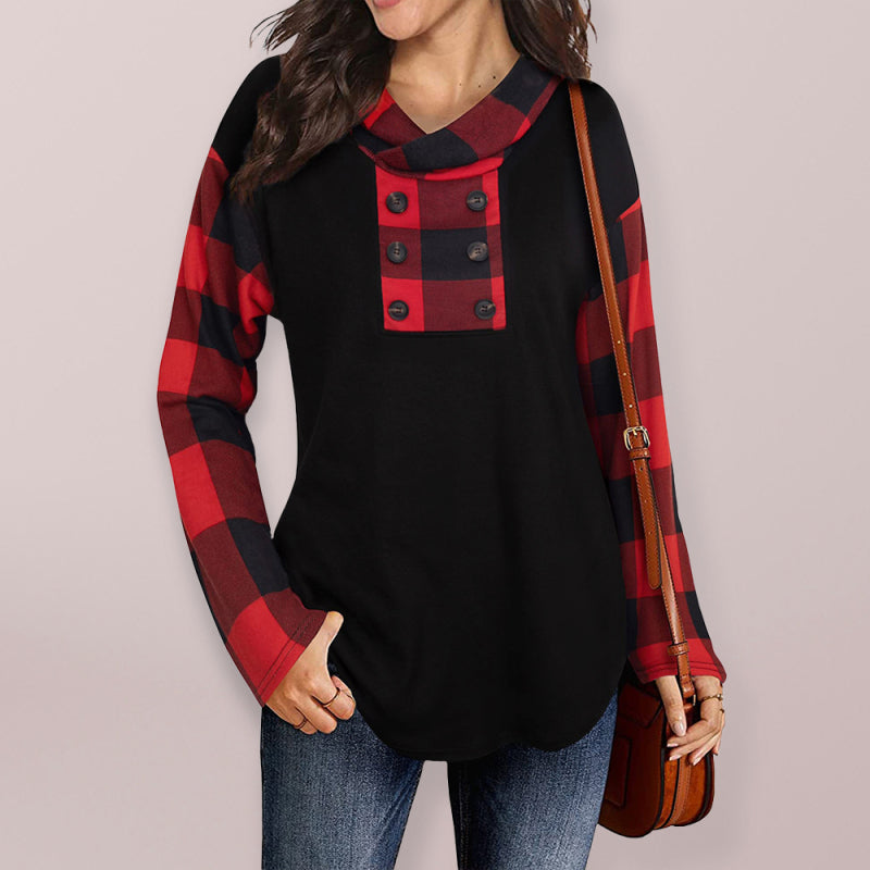 Blue Zone Planet | New stitching long-sleeved printed plaid hooded sweater T-shirt for women-TOPS / DRESSES-[Adult]-[Female]-Black-S-2022 Online Blue Zone Planet