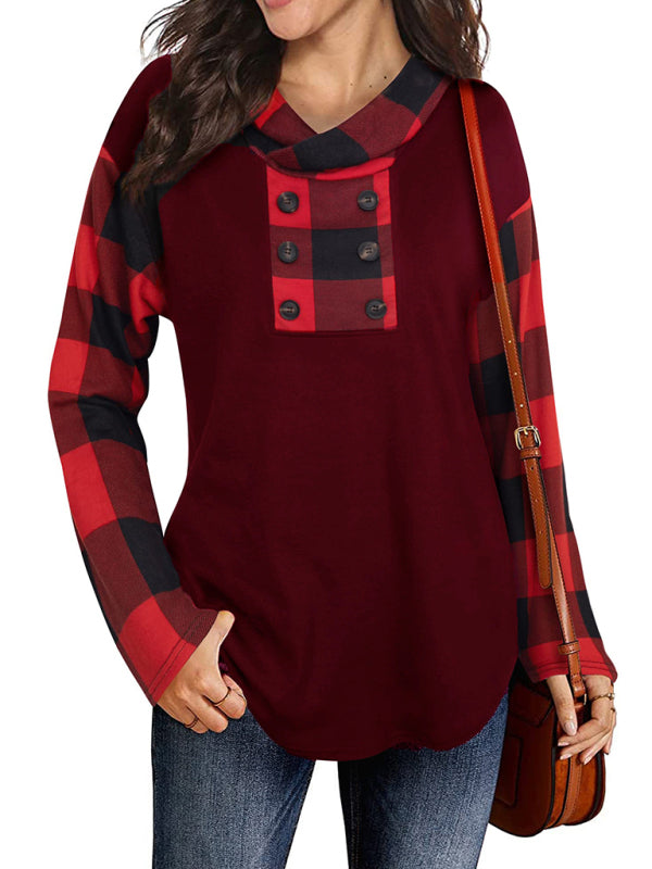 Blue Zone Planet | New stitching long-sleeved printed plaid hooded sweater T-shirt for women-TOPS / DRESSES-[Adult]-[Female]-Wine Red-S-2022 Online Blue Zone Planet