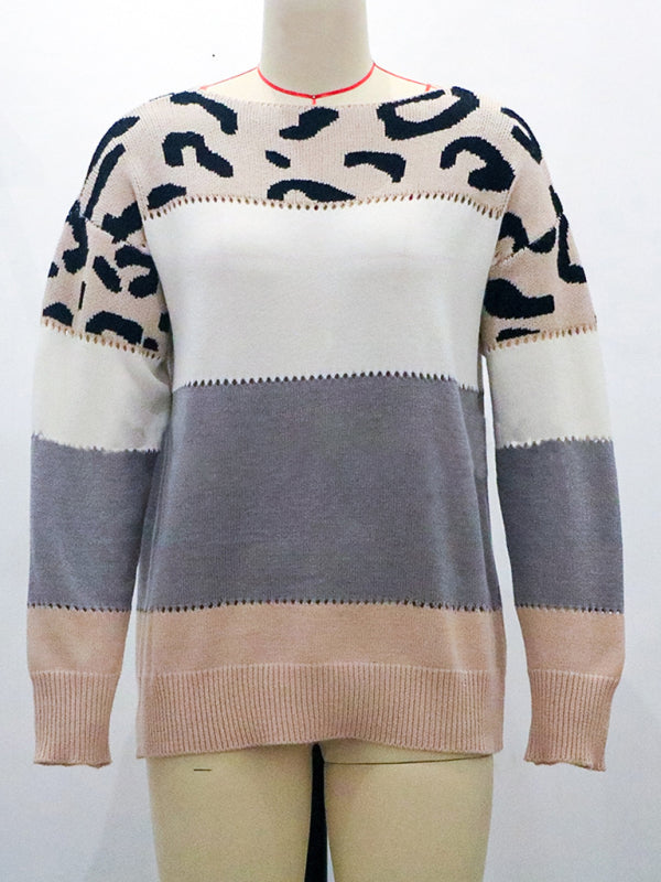 Leopard print round neck color block sweater autumn and winter new women's knitwear-[Adult]-[Female]-2022 Online Blue Zone Planet