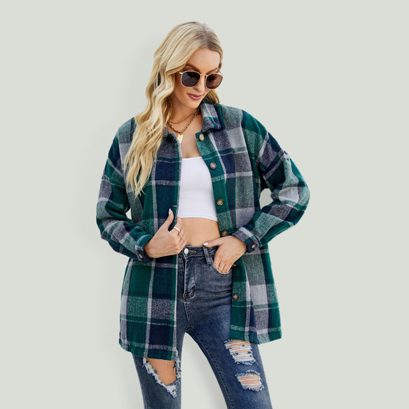 Blue Zone Planet |  Long-sleeve lapel plaid shirt jacket BLUE ZONE PLANET