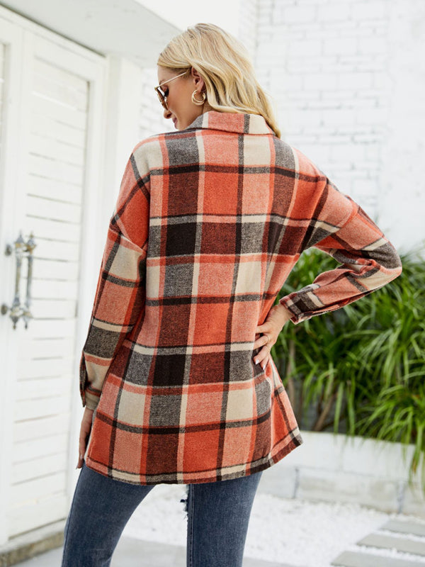Lapel plaid long sleeve coat outlet