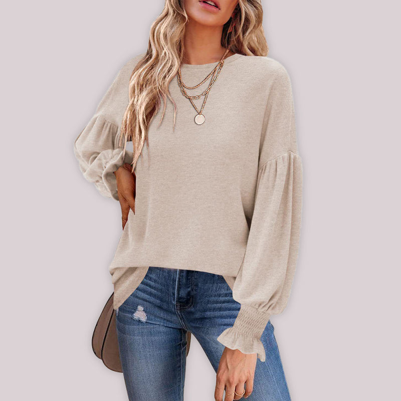 Round Neck Pleated Balloon Sleeve Ladies Long Sleeve Top-[Adult]-[Female]-Cracker khaki-S-2022 Online Blue Zone Planet