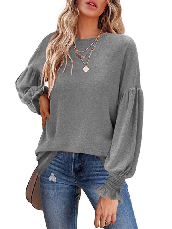 Round Neck Pleated Balloon Sleeve Ladies Long Sleeve Top-[Adult]-[Female]-Grey-S-2022 Online Blue Zone Planet