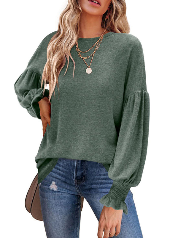 Round Neck Pleated Balloon Sleeve Ladies Long Sleeve Top-[Adult]-[Female]-Green-S-2022 Online Blue Zone Planet