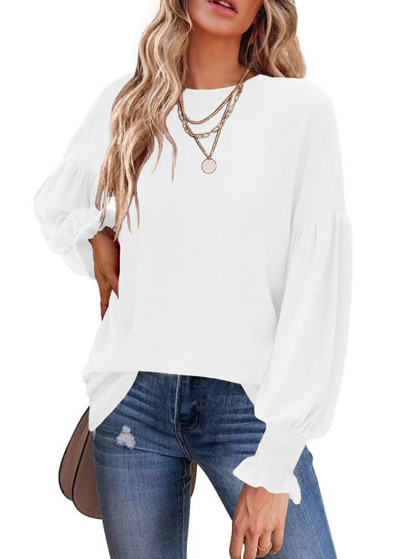 Round Neck Pleated Balloon Sleeve Ladies Long Sleeve Top-[Adult]-[Female]-White-S-2022 Online Blue Zone Planet