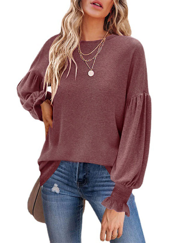 Round Neck Pleated Balloon Sleeve Ladies Long Sleeve Top-[Adult]-[Female]-Wine Red-S-2022 Online Blue Zone Planet