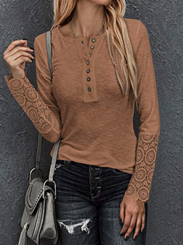 Blue Zone Planet | Round neck stitching lace sleeve loose solid color long-sleeved T-shirt-[Adult]-[Female]-Khaki-S-2022 Online Blue Zone Planet