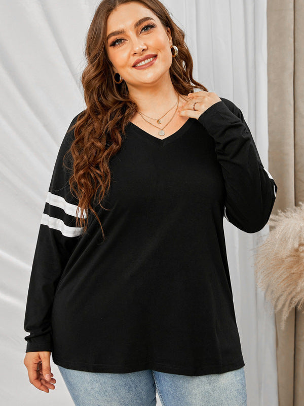 plus size loose long -sleeved V -neck sleeve top-[Adult]-[Female]-Black-XL-2022 Online Blue Zone Planet