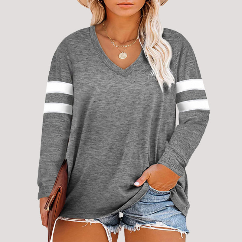 plus size loose long -sleeved V -neck sleeve top-[Adult]-[Female]-Grey-XL-2022 Online Blue Zone Planet