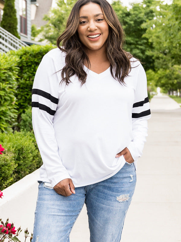 plus size loose long -sleeved V -neck sleeve top-[Adult]-[Female]-White-XL-2022 Online Blue Zone Planet