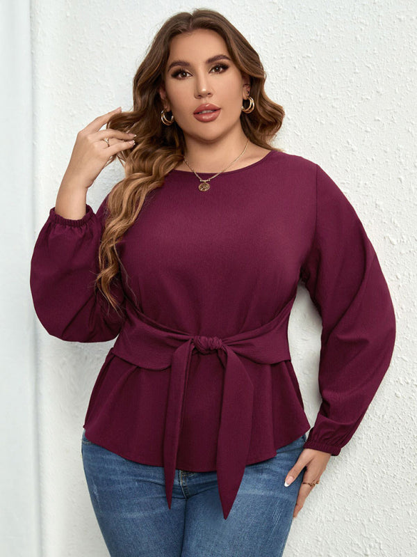 plus size new purple shirt V-neck long-sleeved tie top-[Adult]-[Female]-2022 Online Blue Zone Planet