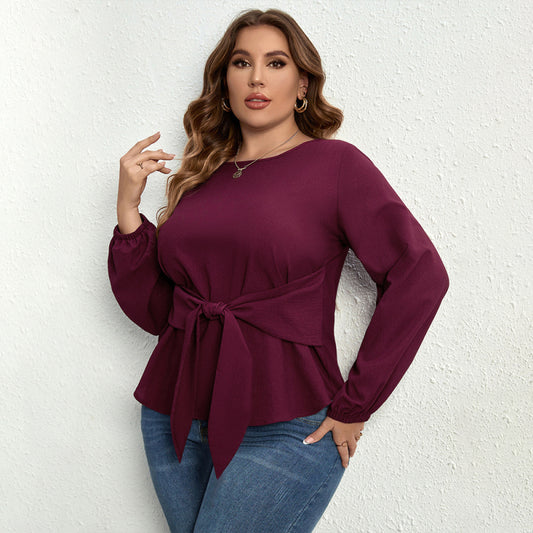 plus size new purple shirt V-neck long-sleeved tie top-[Adult]-[Female]-Purple-XL-2022 Online Blue Zone Planet