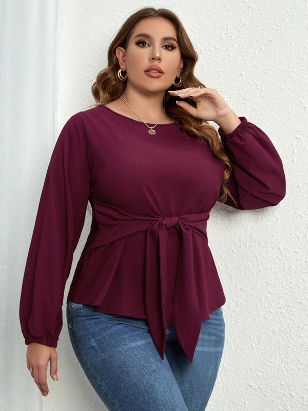 plus size new purple shirt V-neck long-sleeved tie top-[Adult]-[Female]-2022 Online Blue Zone Planet