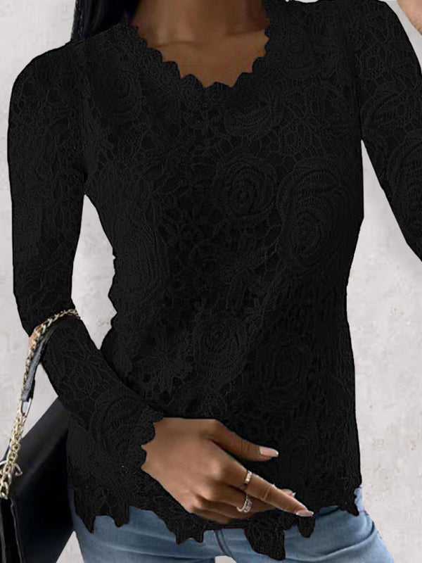 lace simple and elegant long-sleeved top-[Adult]-[Female]-Black-S-2022 Online Blue Zone Planet