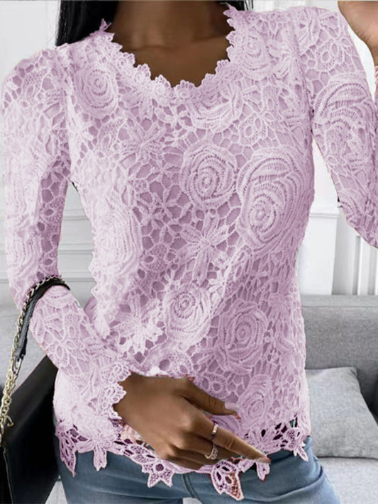 lace simple and elegant long-sleeved top-[Adult]-[Female]-Pink-S-2022 Online Blue Zone Planet