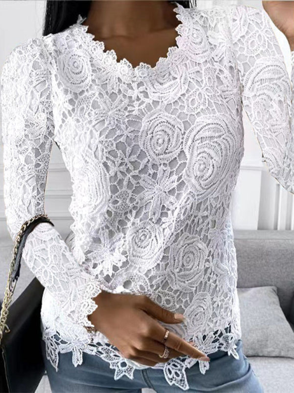 lace simple and elegant long-sleeved top-[Adult]-[Female]-White-S-2022 Online Blue Zone Planet