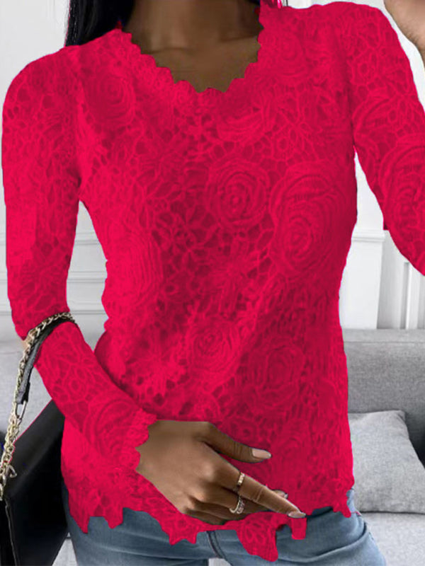 lace simple and elegant long-sleeved top-[Adult]-[Female]-Wine Red-S-2022 Online Blue Zone Planet